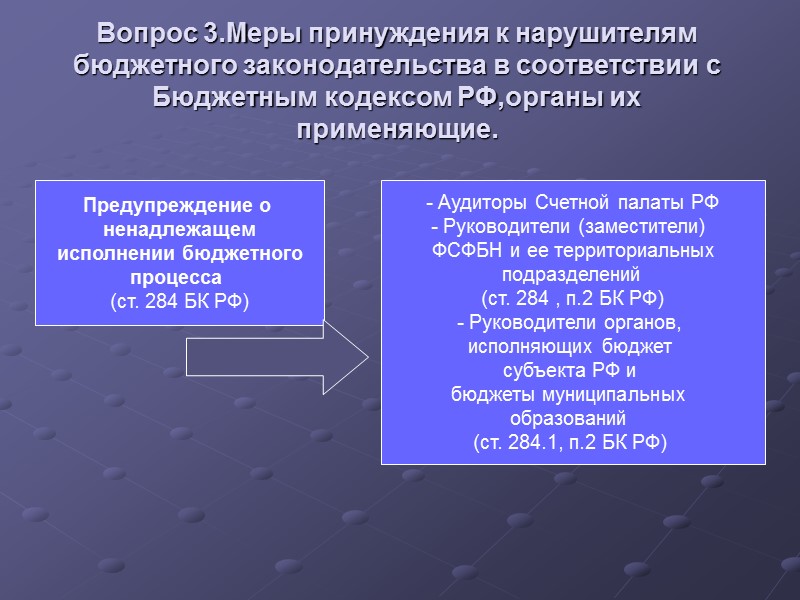 Вопрос 3.Меры принуждения к нарушителям бюджетного законодательства в соответствии с Бюджетным кодексом РФ,органы их